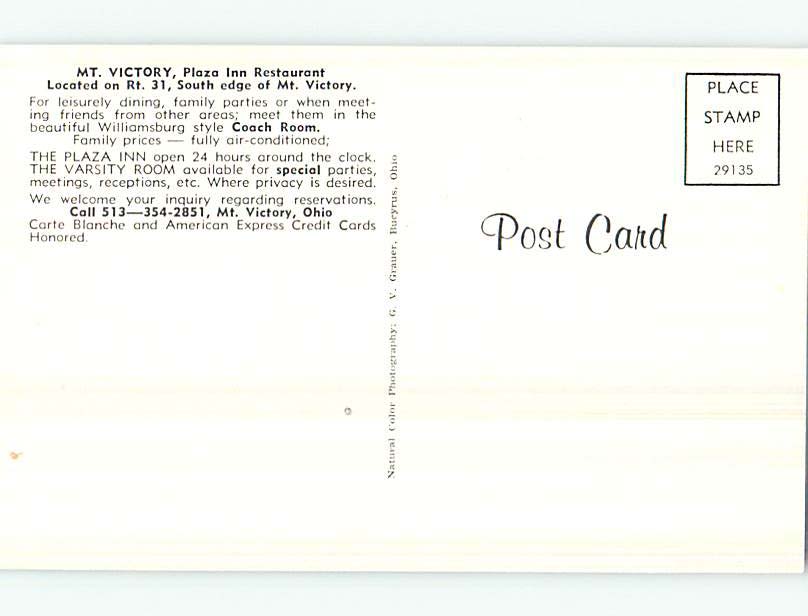 Unused Pre1980 MT. VICTORY PLAZA INN RESTAURANT Mt. Mount Victory OH
