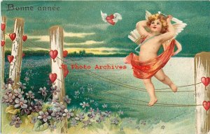 New Year, Bonne Annee, Cupid Throwing Arrows at Hearts