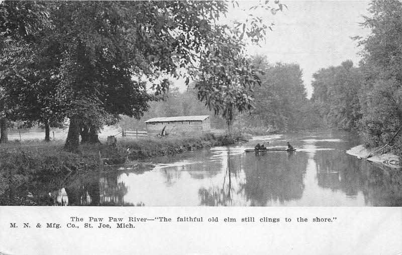 Michigan~Paw Paw River Scene~Boys in Boat~Faithful Elm Tree~Private Mailing Card