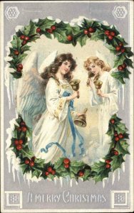 Christmas Angels Ringing Bells c1910 Embossed Postcard