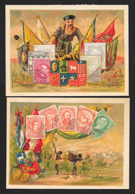 VICTORIAN TRADE CARDS (7) Stamps on Cards Various Countries