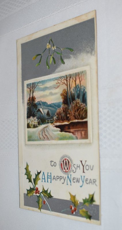 Winter Scene Holly Happy New Year Embossed Postcard