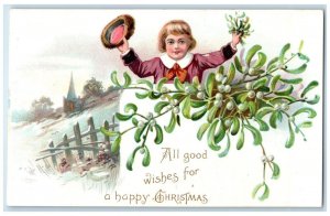 c1910's Christmas Boy Mistletoe Winter Snow Embossed Tuck's Antique Postcard