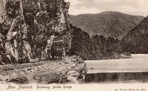 Horses on Buller Gorge Roadway Murchison New Zealand Antique Postcard