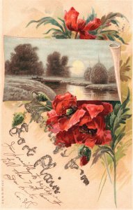Vintage Postcard 1906 Greetings From A Fourth Line Rose Flowers Landscape