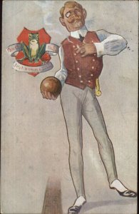 Snooty Man Monocle Smoking Cigarette - Bowling Ball Frog Crest Postcard c1910