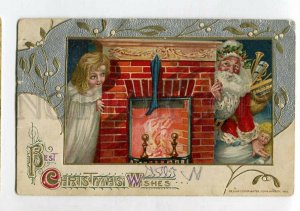 3140948 Christmas Wishes SANTA CLAUS Angel Fireplace Vintage PC