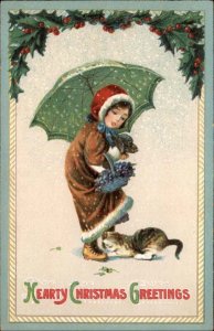 Christmas Little Girl with Puppy and Kitten in Snow Int'l Art c1910 Postcard
