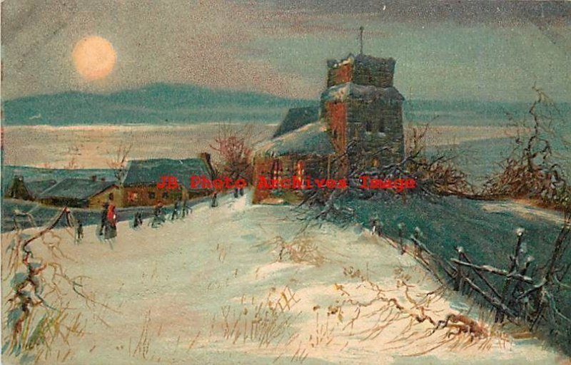 Christmas, PFB No 6147-4, People Walking in Snow to Church under Full Moon