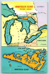 1960 Ontario Canada Postcard Manitoulin Island Bottom Great Lakes Map Unposted