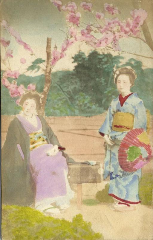 japan, Beautiful Japanese GEISHA Girls in Kimono with Fan (1910s) Hand Painted