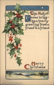 Tuck Christmas Holly Landscape Snow Border c1910 Vintage Postcard