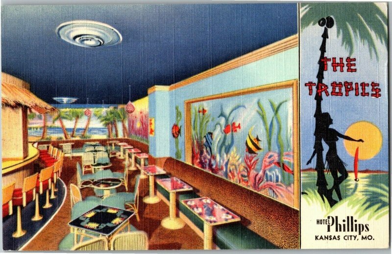 The Tropics Cocktail Lounge, Hotel Phillips Kansas City MO Vintage Postcard D51