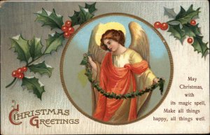 Clapsaddle Christmas Angel with Holly Int'l Art c1910 Vintage Postcard