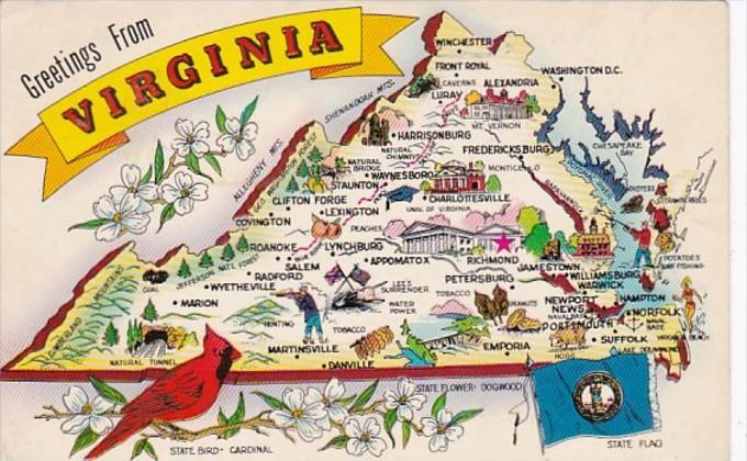 Greetings From Virginia With Map 1960