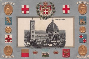 SALUTI da FIRENZE FLORENCE ITALY~DUOMO da S MICHELE~HERALDRY BORDER POSTCARD