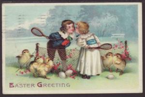 Easter Greetings,Children Playing Tennis,Chicks Postcard 