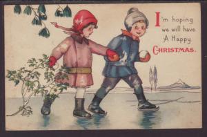 A Happy Christmas,Children Skating Postcard