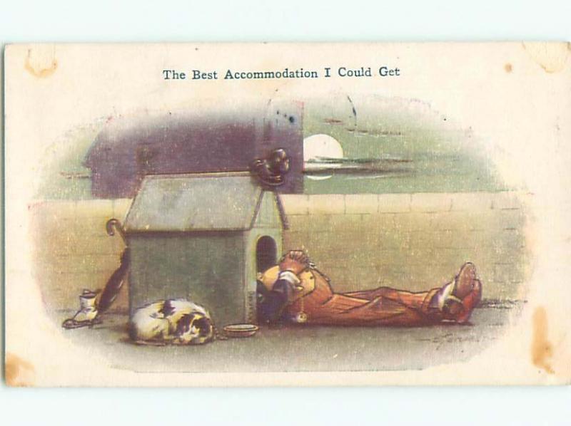Pre-Linen Comic DOG SLEEPS OUTSIDE WHILE MAN SLEEPS IN HIS DOGHOUSE AB8997