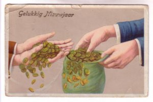 Hands with Bag of Gold Coins, Good Luck in New Year, Gelukkig Nieuwjaar