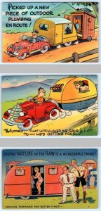 3 Postcards TRAILER COMICS ~ Risque & Outhouse Humor ca 1940s Linens