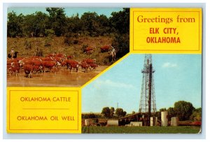 1963 Oklahoma Cattle & Oil Well, Greetings from Elk City Oklahoma OK Postcard