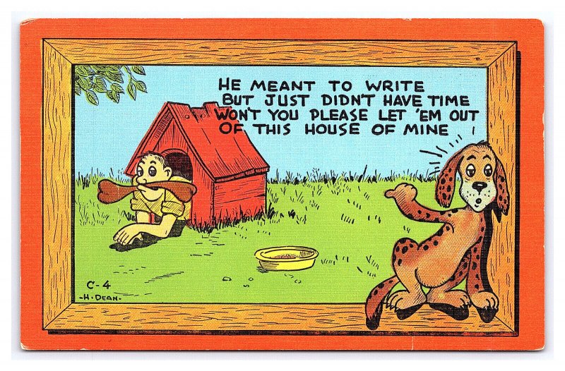 He Meant To Write Didn't Have Time Comic Postcard Man In Doghouse Dog