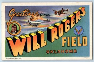 1943 Oklahoma OK Postcard Greetings Will Roger Field Large Letter Military Linen