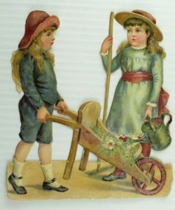 1880's-90's Victorian Die-Cut Adorable Girls Gardening Wheelbarrow Flowers *T