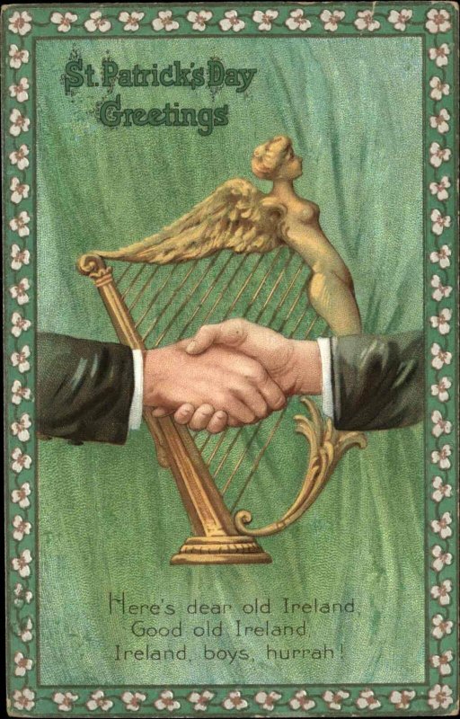 ST PATRICK'S DAY Hands Across the Sea Ireland w Harp c1910 Postcard