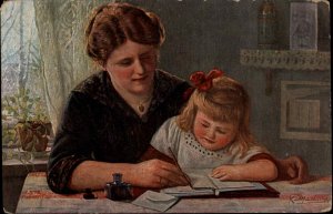 Karl Muller Mother and Little Girl Daughter Write Letter c1910 Vintage Postcard