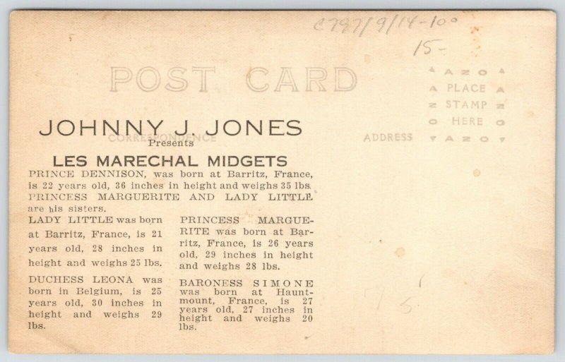 Jones Midget Theatre~Dennison~Lady Little~Baroness Simone~Leona~Bios~c1920 RPPC 