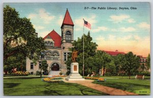 Dayton Ohio~The Public Library Bldg & Statue Street View~Vintage Linen Postcard