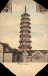 Shanghai??? China Chinese Pagoda Dragon Border TRIMMED CORNERS Postcard