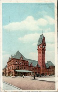 Postcard IL Chicago Dearborn Street Station Clock Tower Old Cars 1920 H3