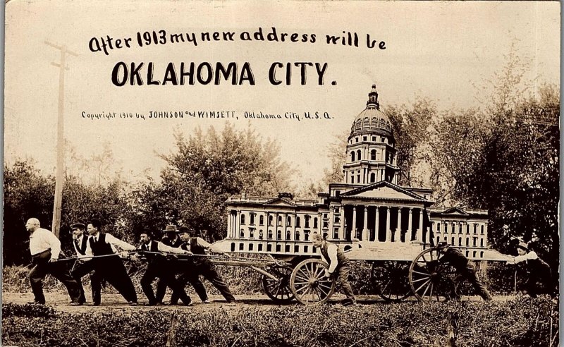 1910 EXAGGERATION ADVERTISING OKLAHOMA CITY MOVING CAPITOL RPPC POSTCARD 39-10