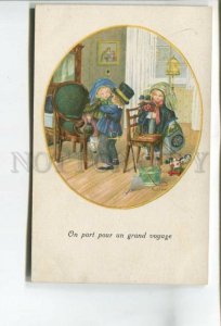 477354 Pauli EBNER Kids before BIG TRIP Dolls Toys Vintage postcard #1228