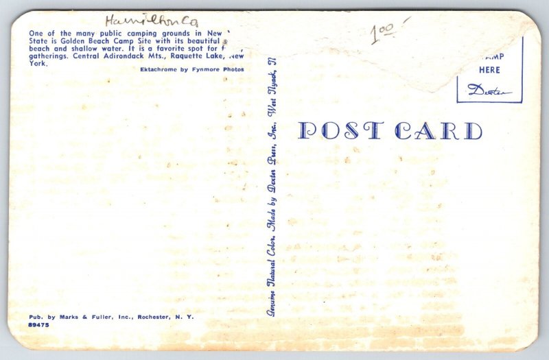 Raquette Lake New York~Golden Beach Camp Site In The Adirondacks~Vtg Postcard