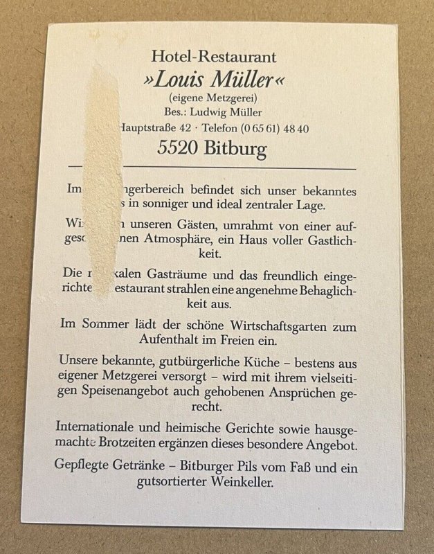 UNUSED POSTCARD  -  HOTEL LOUIS MULLER HAUPTSTRASSE 42, BITBURG, GERMANY