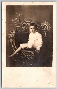 Chicago Heights~Boy Dangles Foot Over Huge Art Nouveau Chair~Brown's Studio RPPC