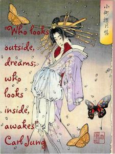 Carl Jung Who Looks Inside Awakes Quote and Geisha Postcard