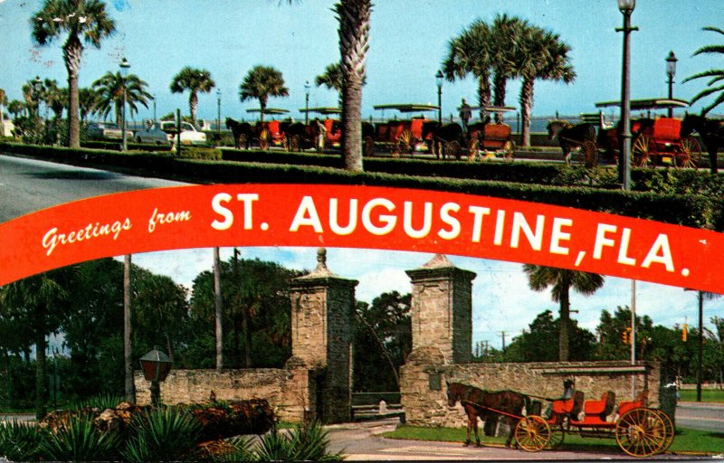 Florida St Augustine Greetings Showing Sightseeing Carriages and Old City Gat...