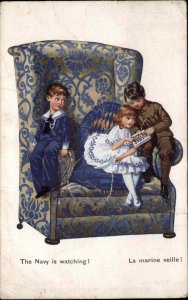 WWI Sad Little Sailor Boy Watches Little Girl with Soldier French Comic PC