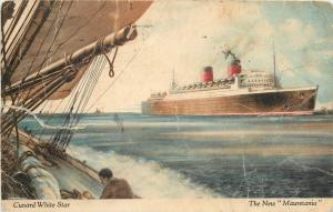 Cunard White Star - The New  Mauretania  cruiser ship old damaged postcard