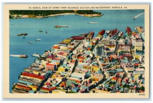 c1940 Aerial View Downtown Business Section Waterfront Norfolk Virginia Postcard