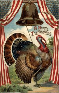 Thanksgiving Patriotic Turkey Rings Liberty Bell USA c1910 Vintage Postcard