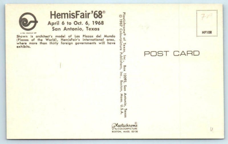 SAN ANTONIO, TX ~ HemisFair 1968 ~ LAS PLAZAS del MUNDO Architect Model Postcard