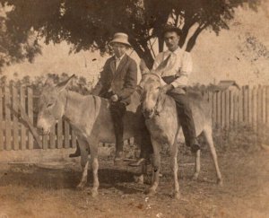 RPPC Real Photo Postcard - 2 Men Riding Donkeys - c1910