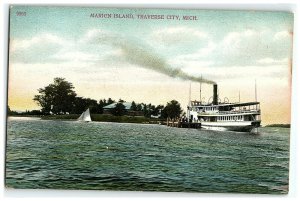 Traverse City MI Postcard Marion Island Steam Sail Ferry Boats 1907-15