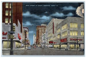 c1940 Main Street Night Exterior Building Street Road Memphis Tennessee Postcard